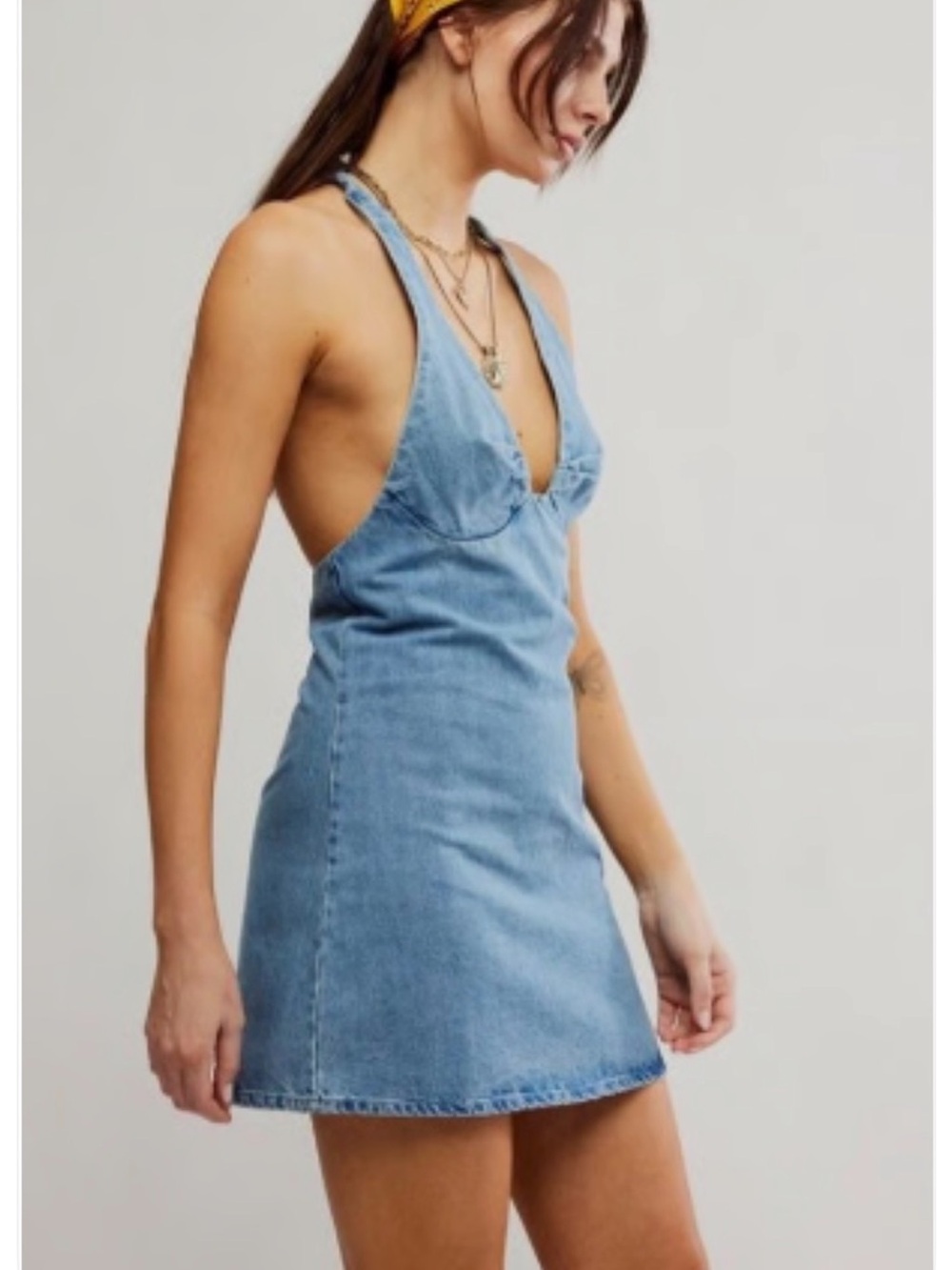 Free People Light Blue Denim Halter Mini Dress